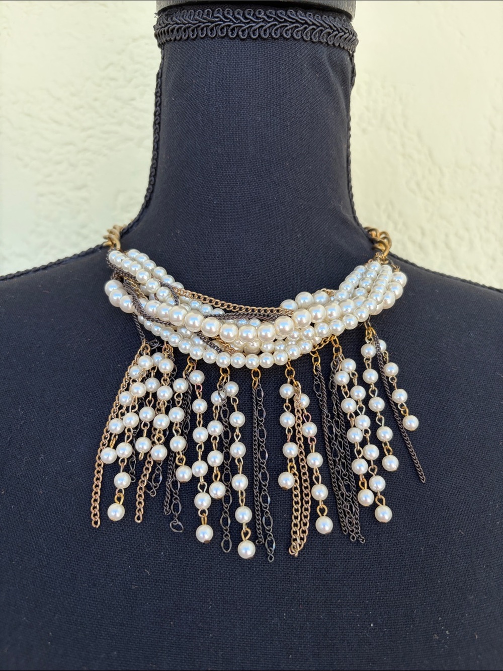 Vintage Chico's White Pearl Fringe Necklace with Gold and Black Chains